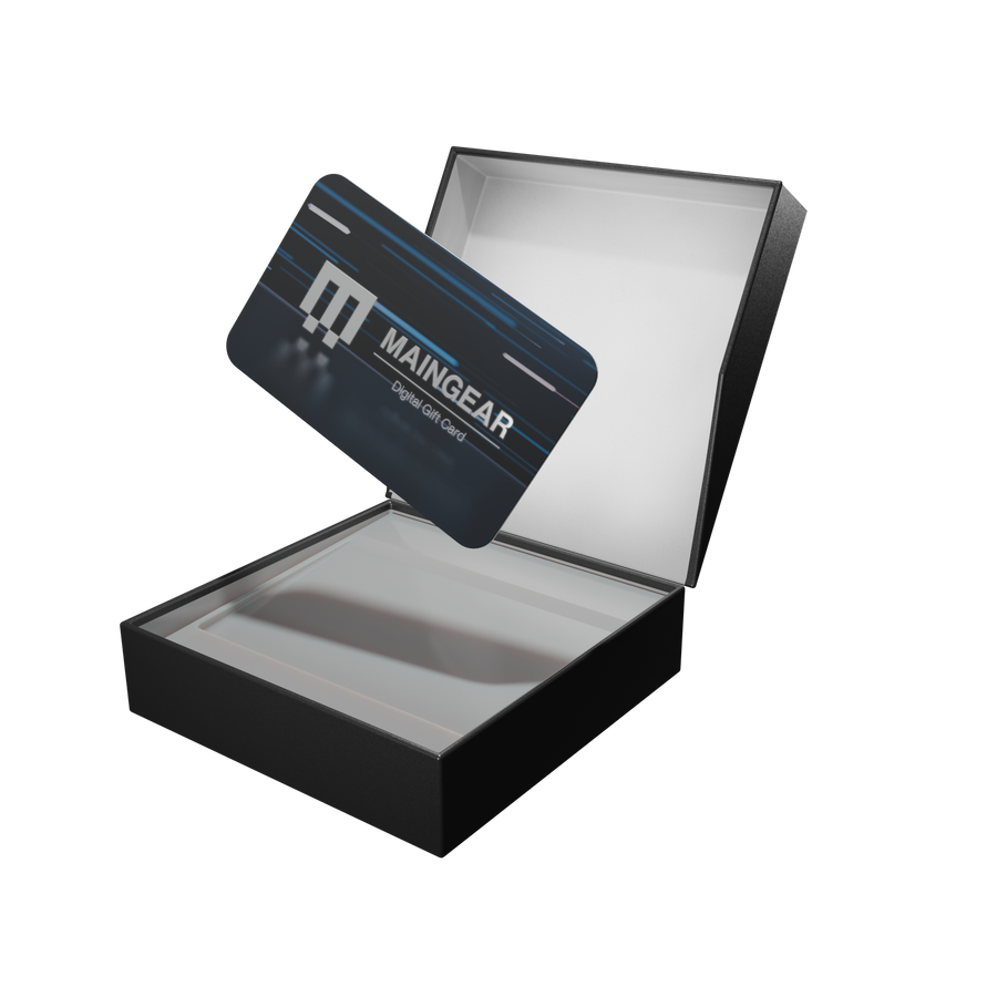 MAINGEAR Digital Gift Card in dark blue with MAINGEAR branding, emerging from a black gift box.