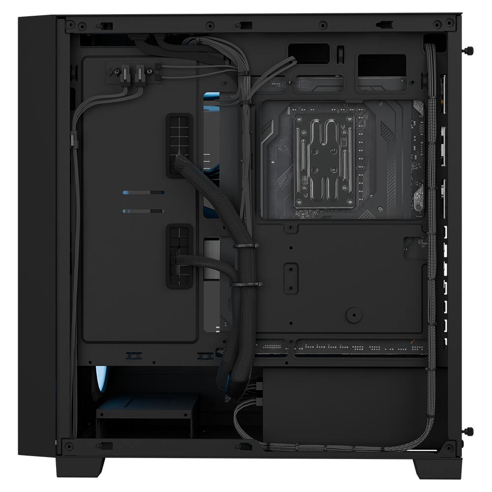 MAINGEAR MG-1 Ultimate gaming PC, black interior with visible motherboard and sleeved cables.
