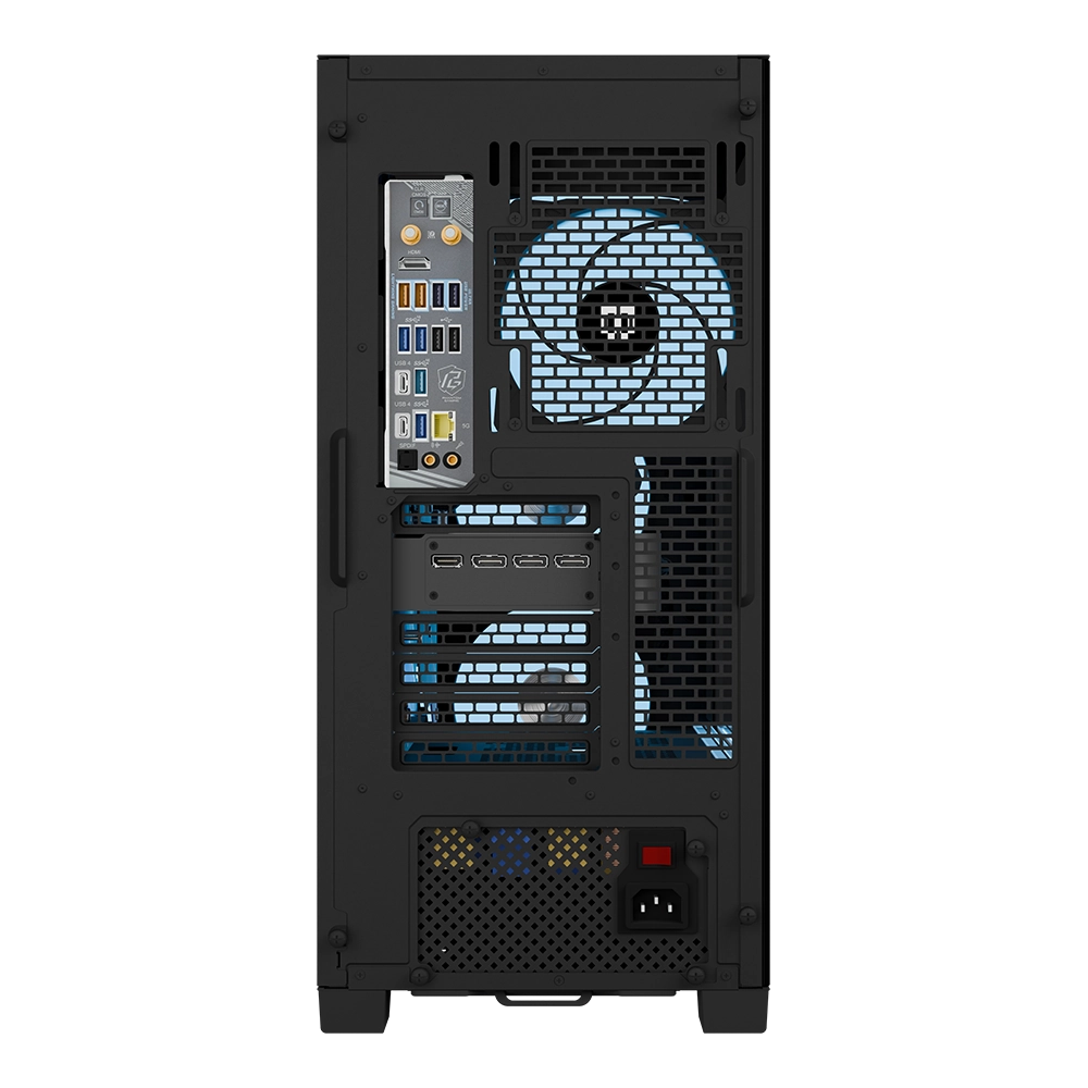 Maingear MG-1 All-new Ultimate gaming PC rear panel with blue LED cooling fans