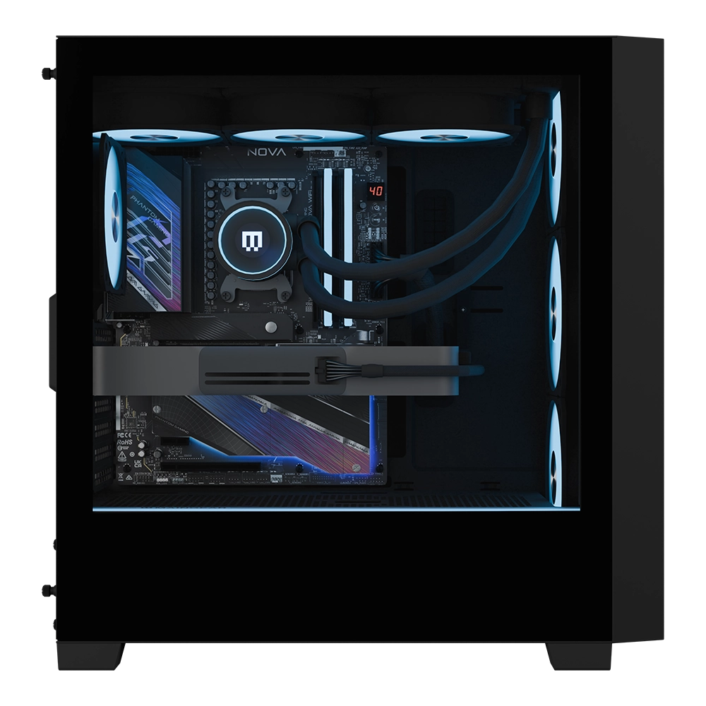 MG-1 Ultimate pre-configured gaming PC by MAINGEAR with blue LED lighting in a windowed case