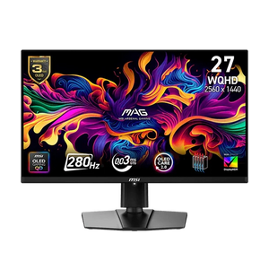 MSI MAG 271QP QD-OLED 27-inch monitor on stand with colorful display
