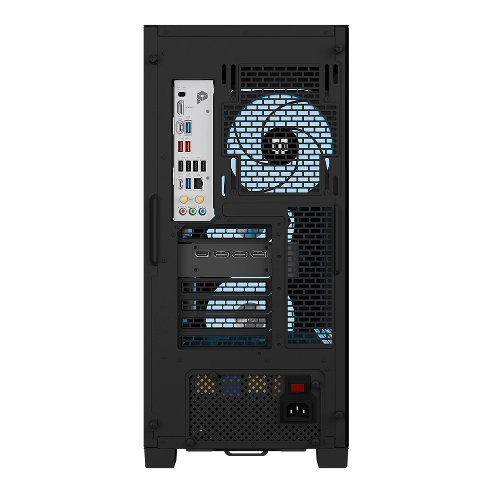 Maingear MG-1 Champion gaming desktop, black case with blue cooling fans and rear I/O panel