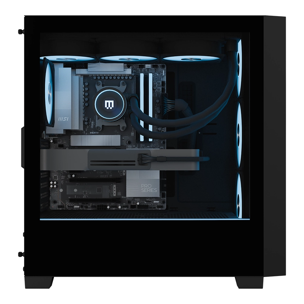 MAINGEAR MG-1 Champion gaming desktop interior with blue LED cooling, visible motherboard and radiator.