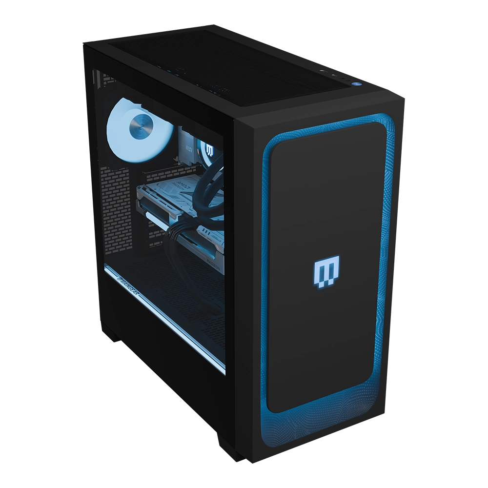 MG-1 Diamond gaming PC by MAINGEAR, black case with blue LED accents and a transparent side panel