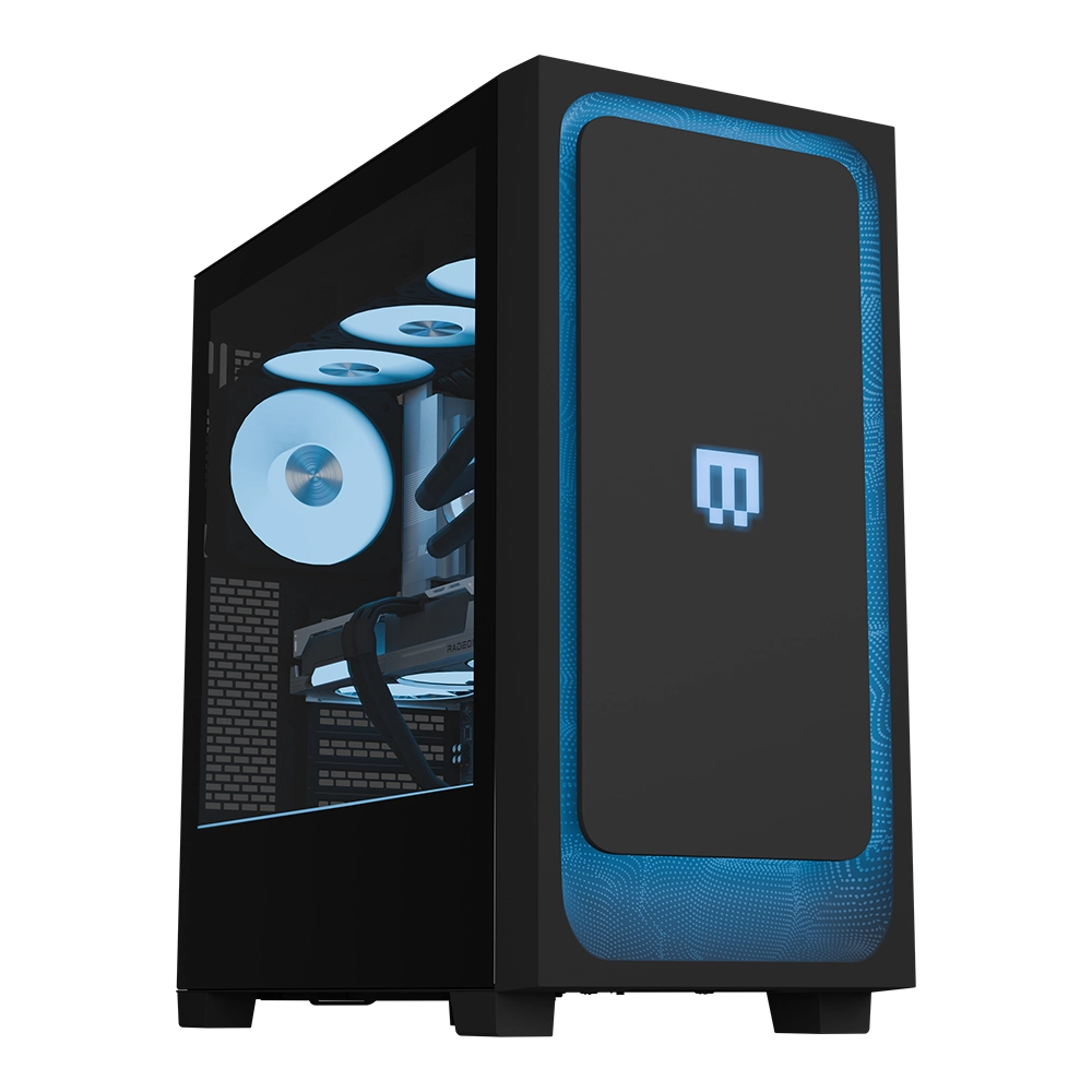 MG-1 Diamond pre-configured gaming PC by MAINGEAR with blue LED accents and transparent side panel