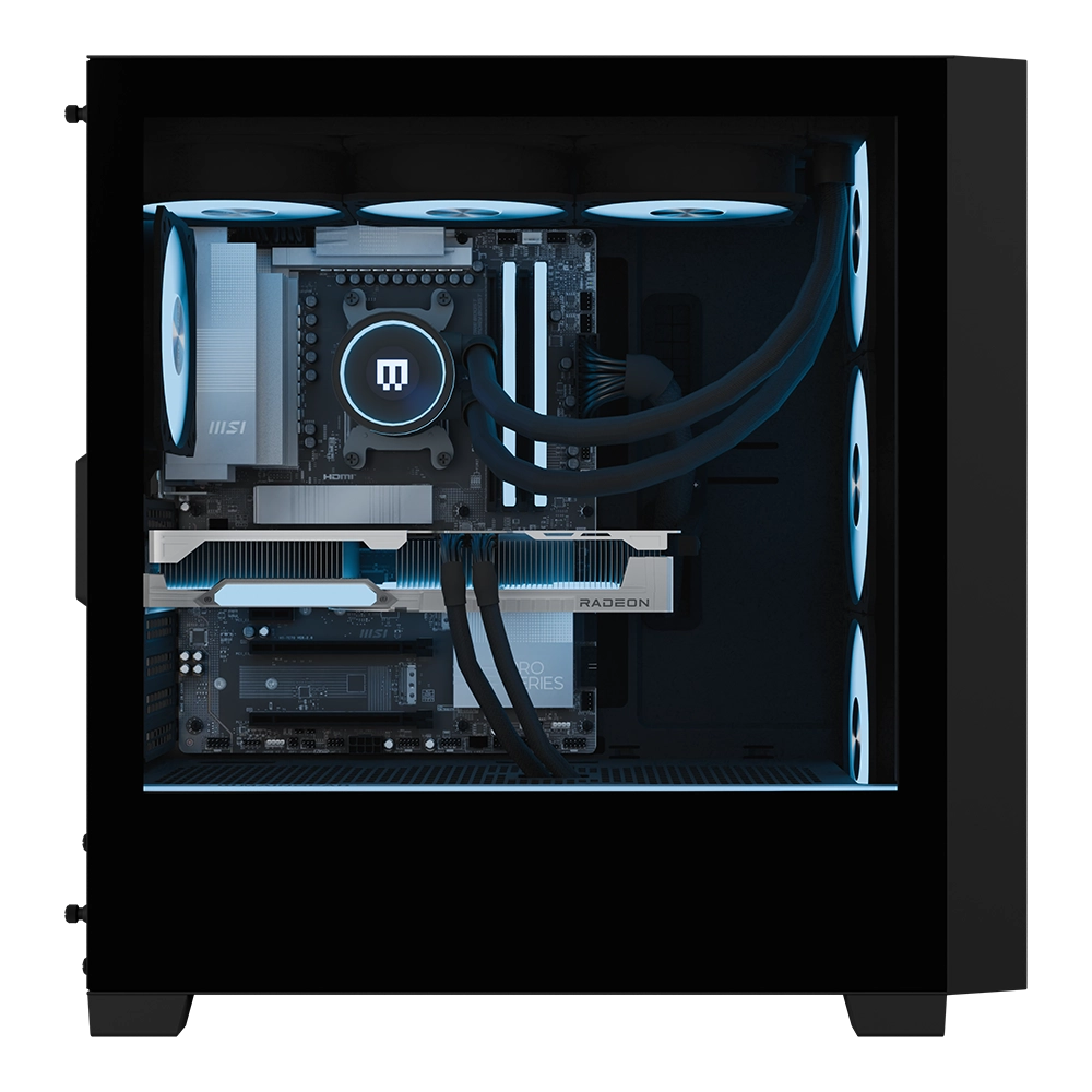 MAINGEAR MG-1 Diamond gaming PC with blue-lit interior and AMD Radeon graphics card.