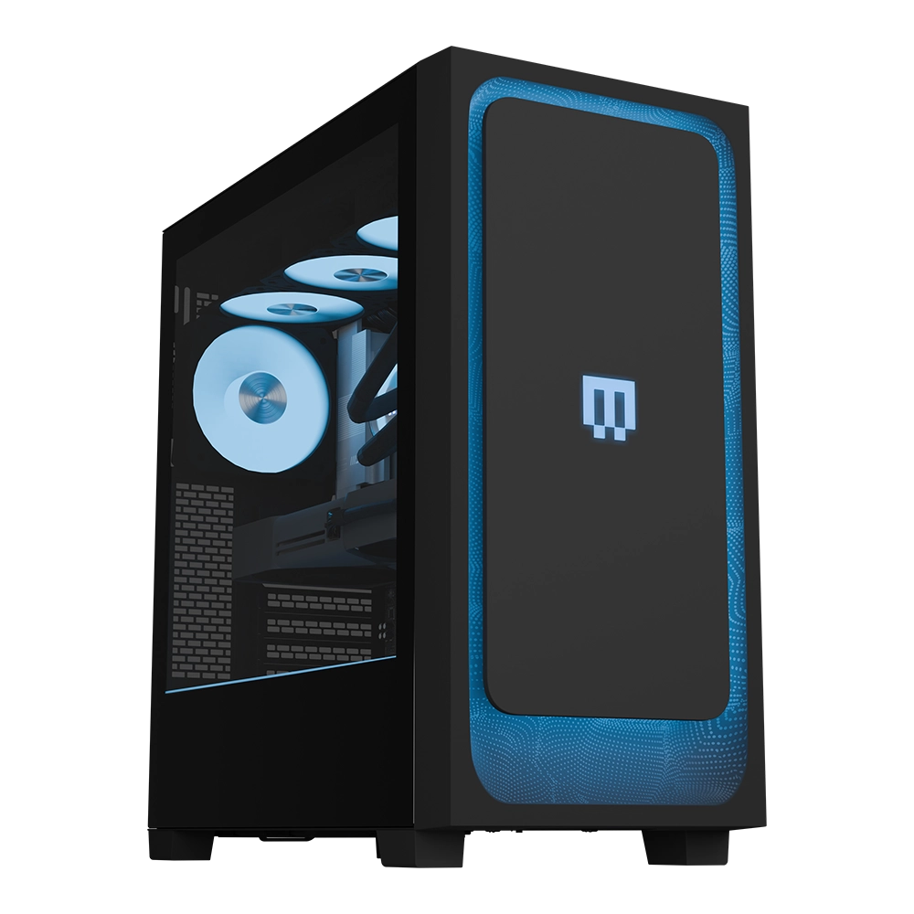 MAINGEAR MG-1 Elite gaming PC tower with blue front panel and illuminated cooling fans.