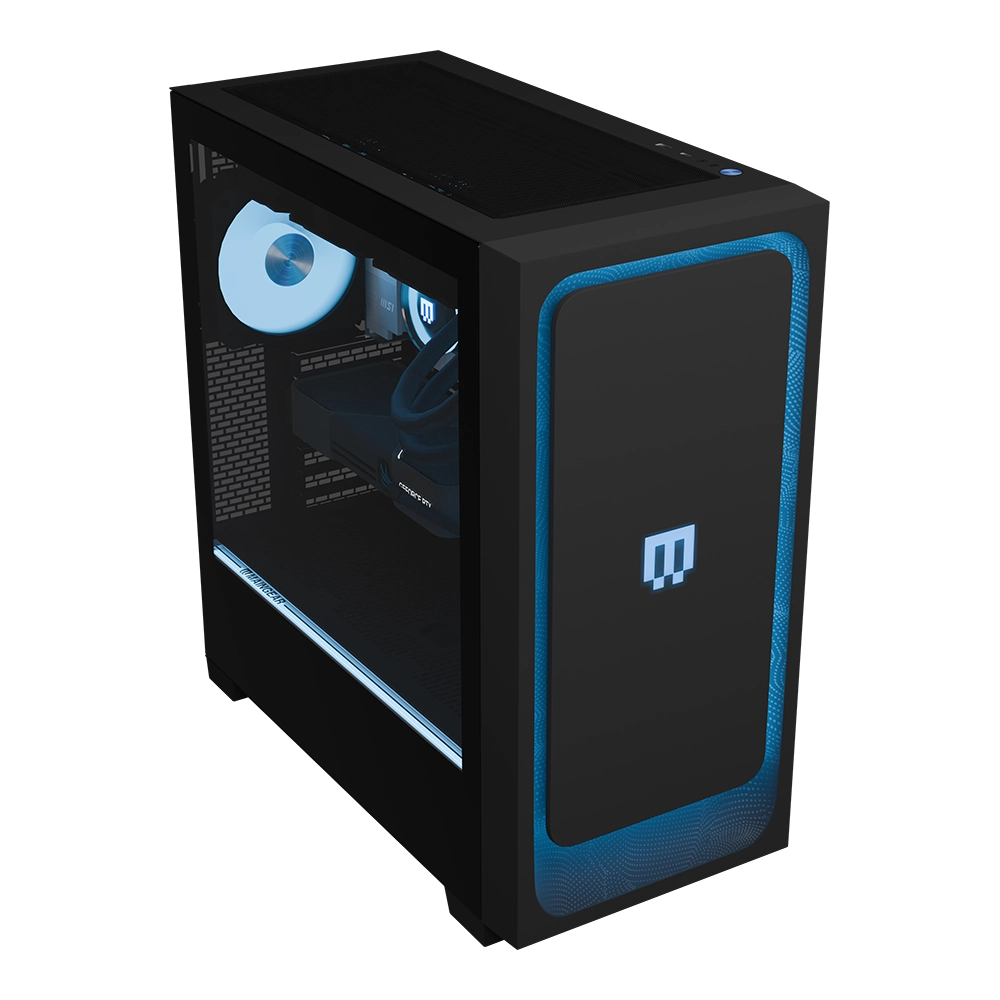 MG-1 Platinum pre-configured gaming PC by MAINGEAR with blue-lit front panel and side window.