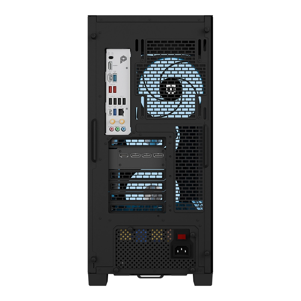 MAINGEAR MG-1 Platinum gaming PC rear view with blue LED cooling fan and exposed PCIe slots