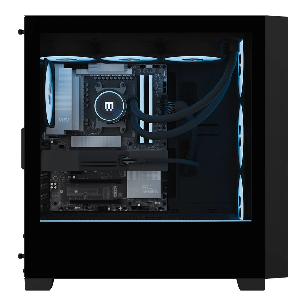 MAINGEAR MG-1 Platinum gaming PC interior with blue LED cooling and MSI motherboard