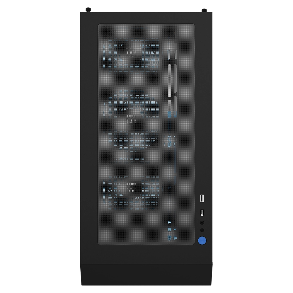 MG-1 Ultimate pre-configured gaming desktop by MAINGEAR in black with mesh side panel and blue LED fans