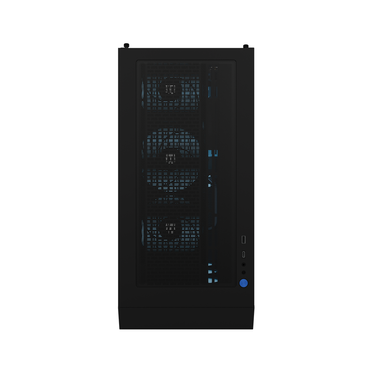 MG-1 Ultimate pre-configured gaming PC by MAINGEAR, black tower with blue LED fans