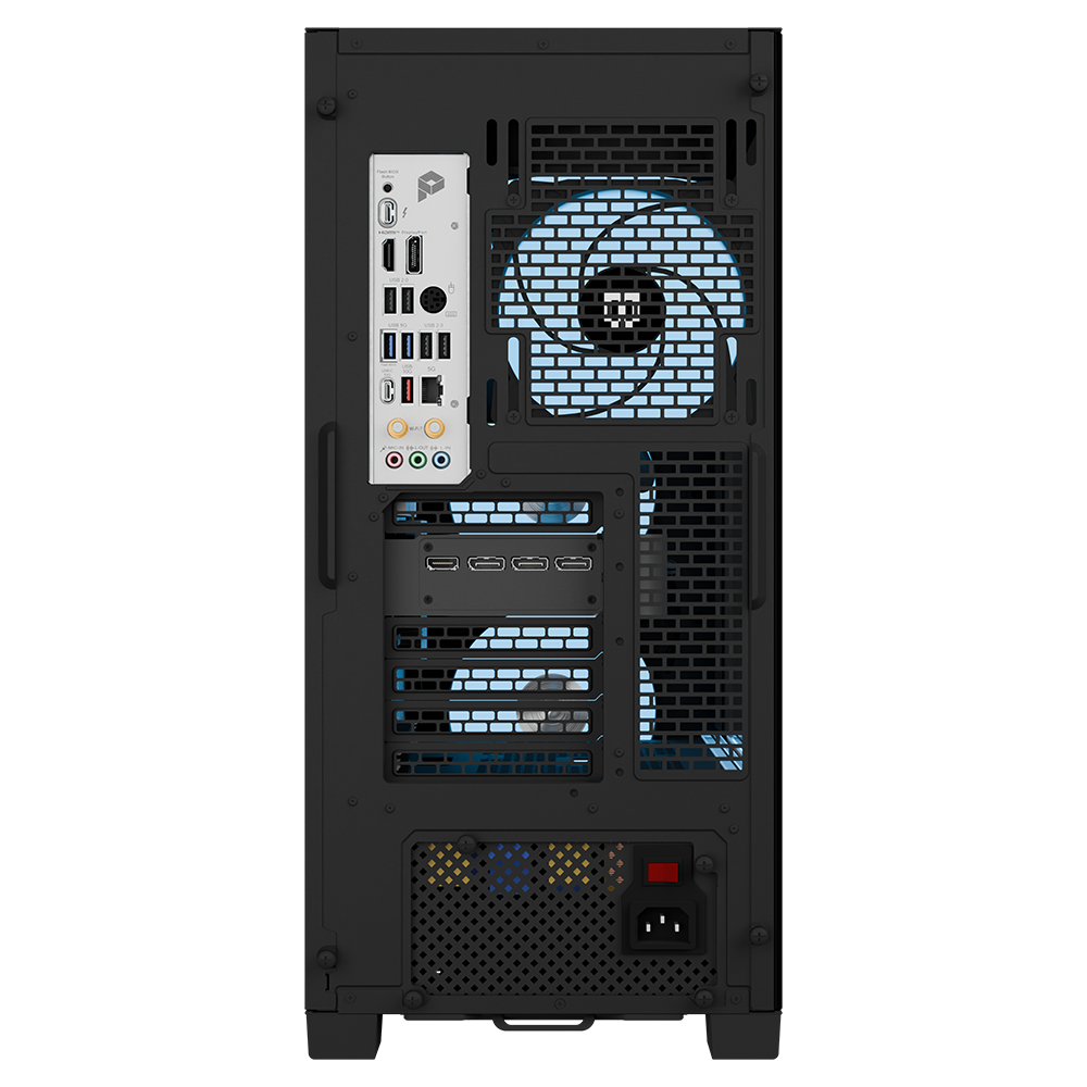 MAINGEAR MG-1 Amethyst pre-configured gaming PC, black case with blue cooling fans and rear I/O panel