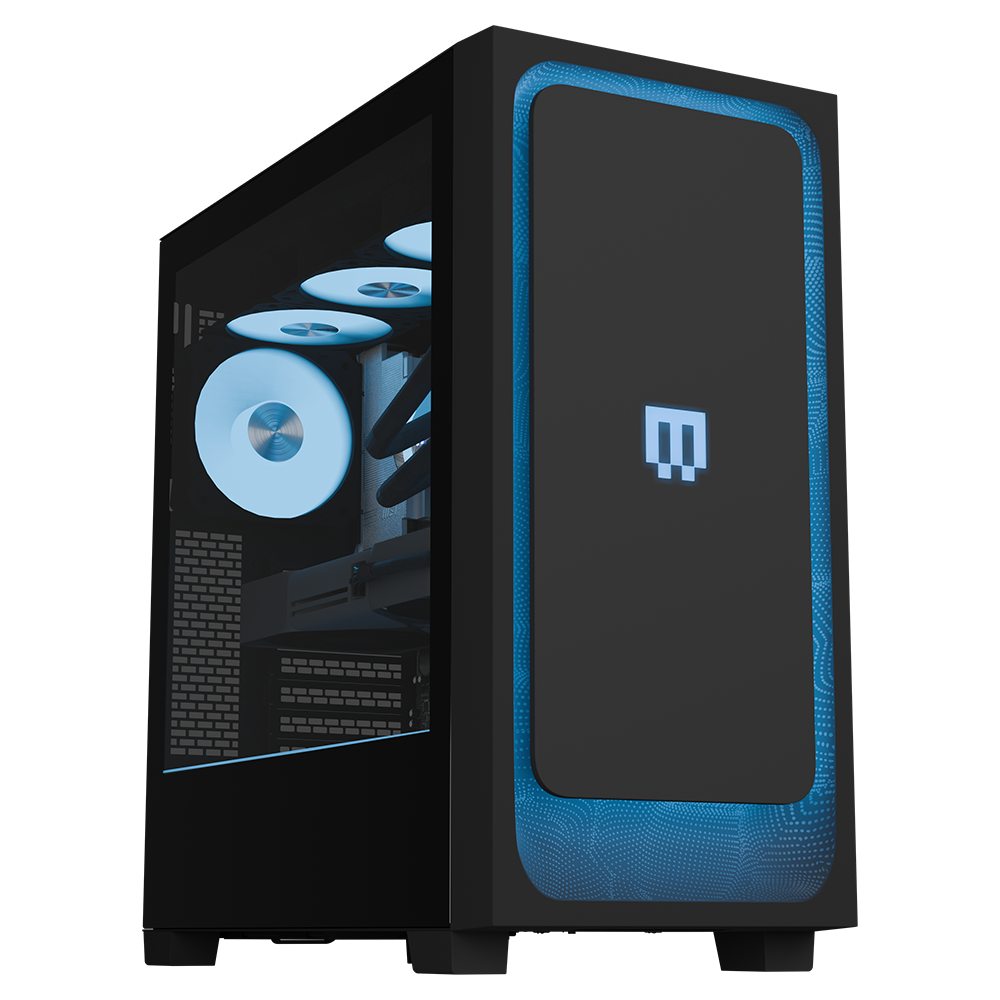 MAINGEAR MG-1 Amethyst gaming PC with black case and blue LED accents and side window