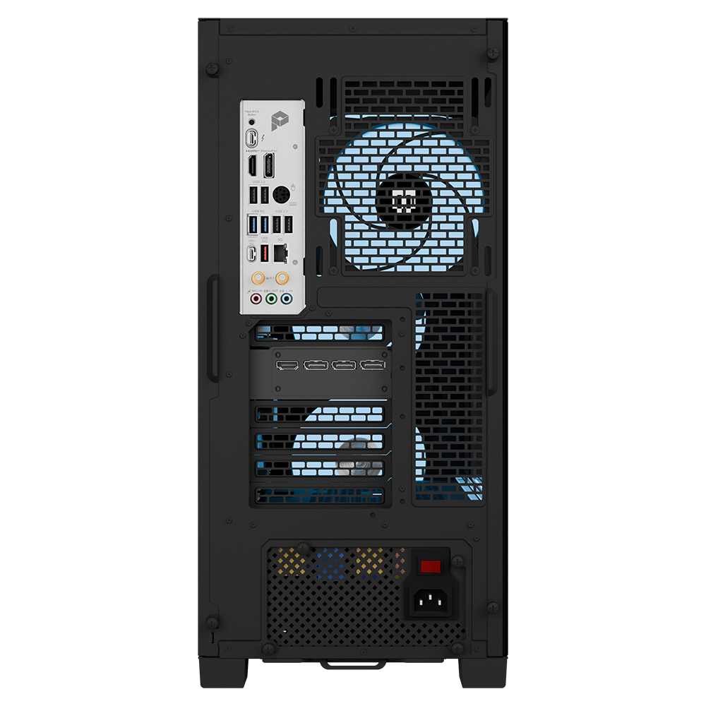 MG-1 Emerald pre-configured gaming desktop by MAINGEAR, back panel with blue-lit cooling fans