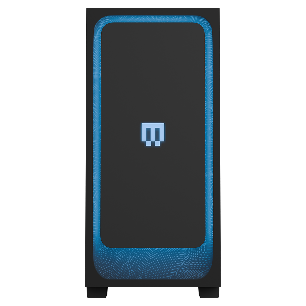 MAINGEAR MG-1 Emerald gaming PC with black front panel and blue LED border