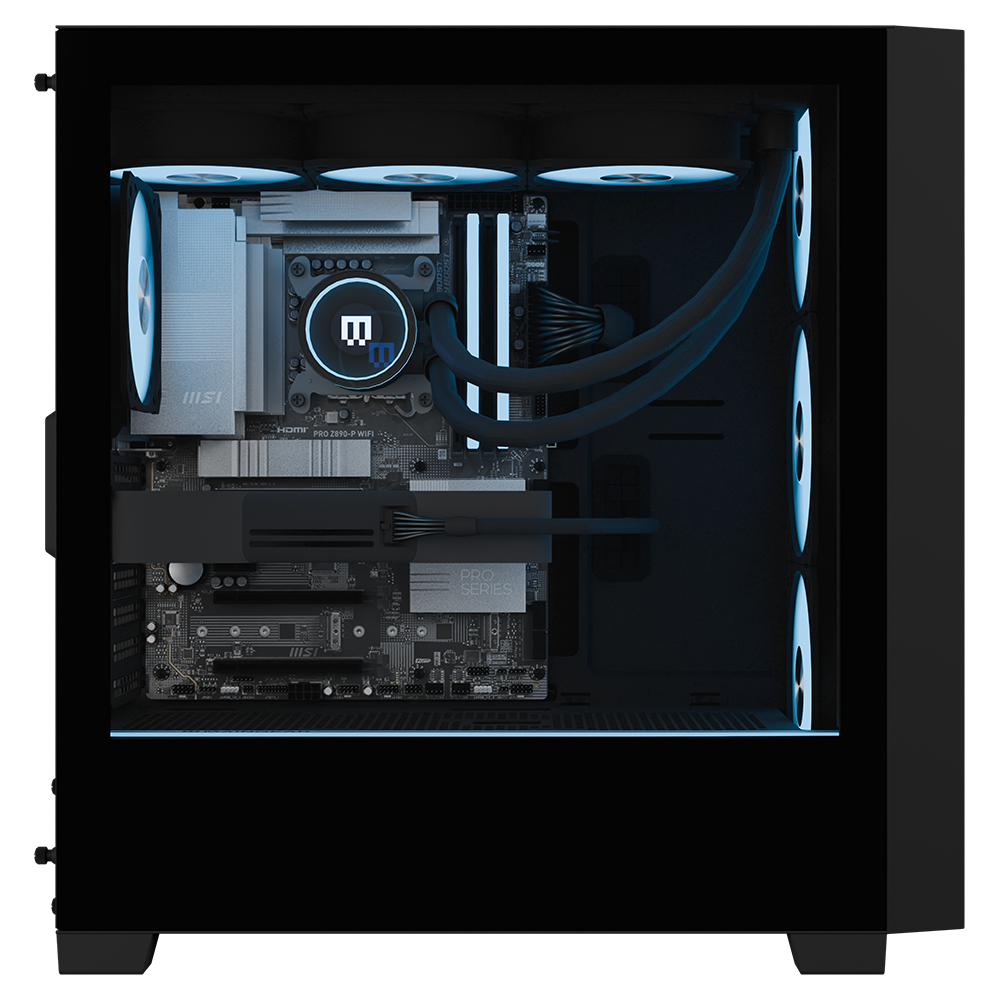 MAINGEAR All-new MG-1 Emerald gaming PC with blue LED liquid cooling inside a glass-sided case