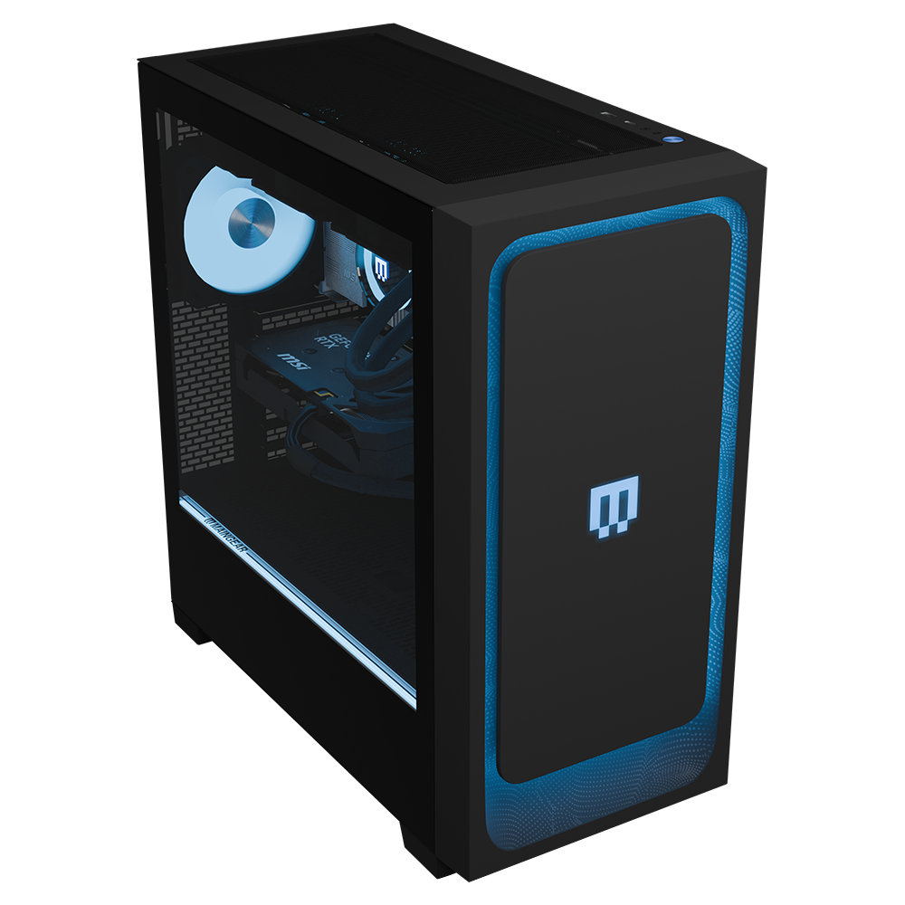 All-new MG-1 Ruby pre-configured gaming PC in a black case with blue front accents and MAINGEAR logo