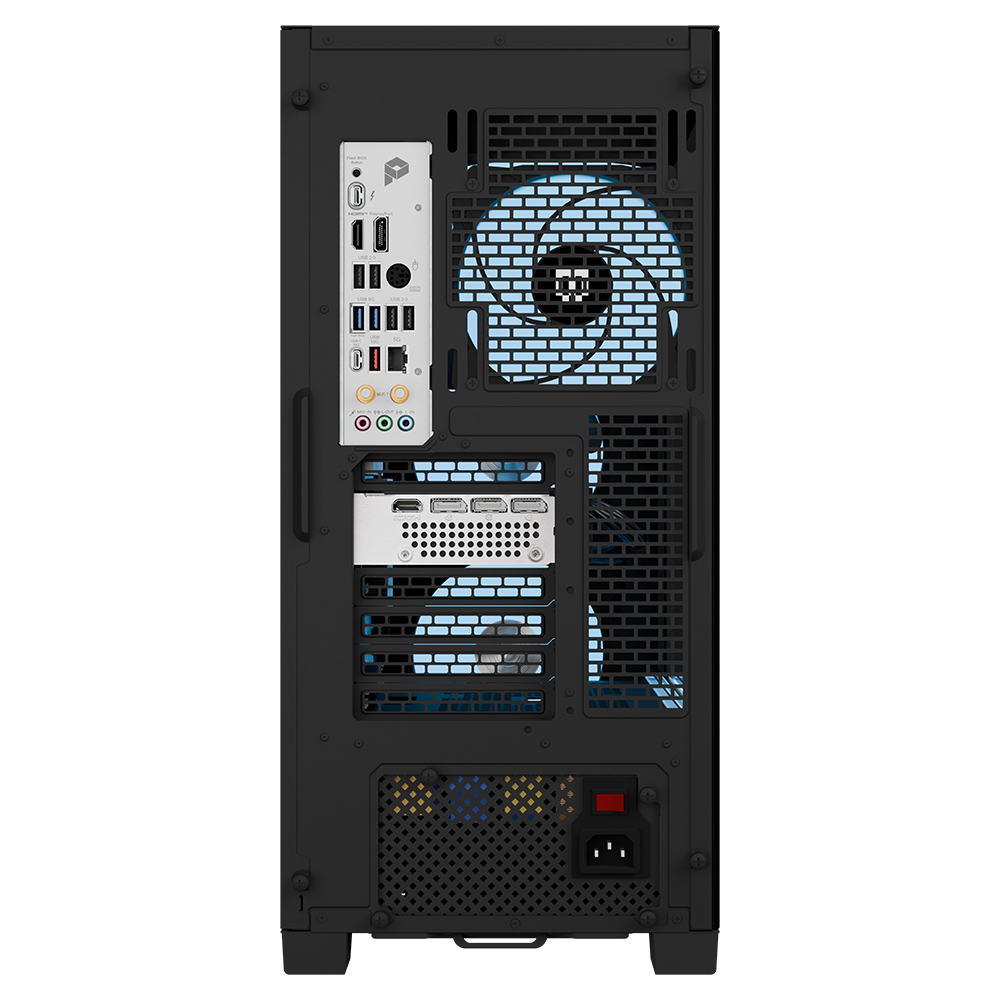 MAINGEAR MG-1 Ruby pre-configured gaming PC back panel with blue cooling fans and I/O ports