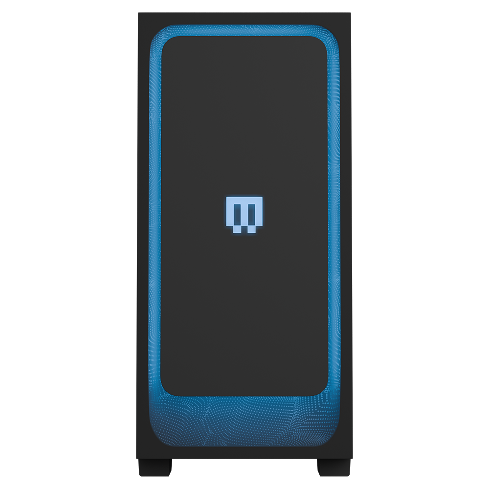 MG-1 Ruby gaming PC tower by MAINGEAR with blue bezel and black front panel