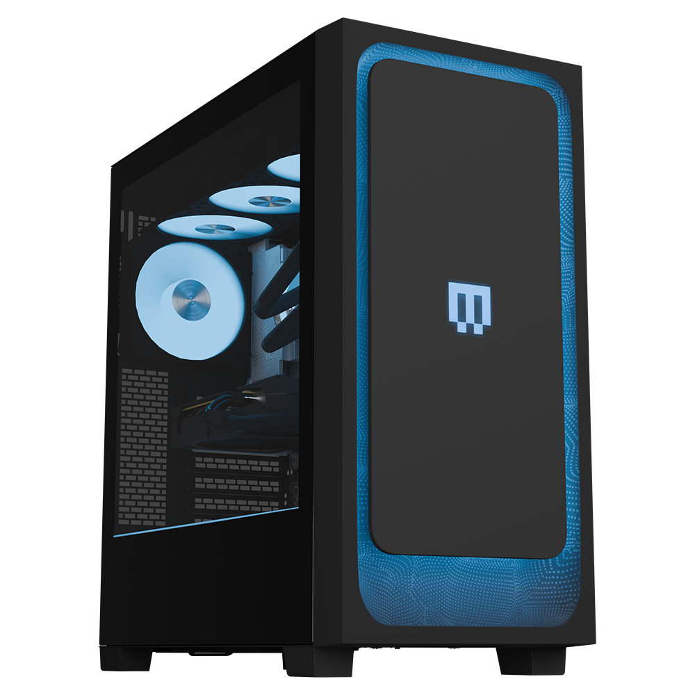 MG-1 Ruby pre-configured gaming PC by MAINGEAR, black case with blue LED fans and glass side panel.