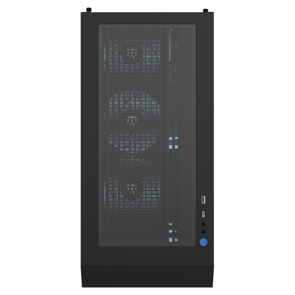 MG-1 Ruby gaming PC tower by MAINGEAR; black chassis with mesh front and blue LED fans