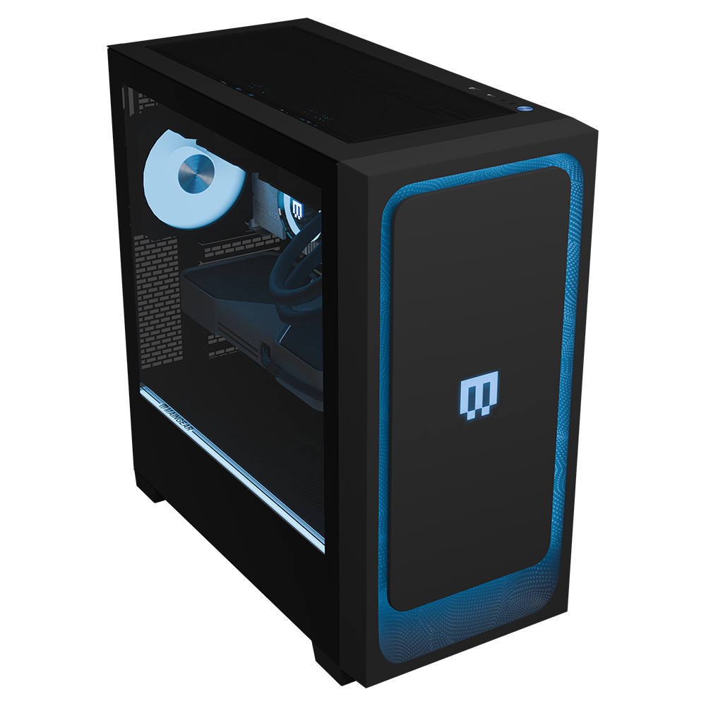 All-new MG-1 Sapphire pre-configured gaming PC by MAINGEAR, black case with blue LED accents and side window