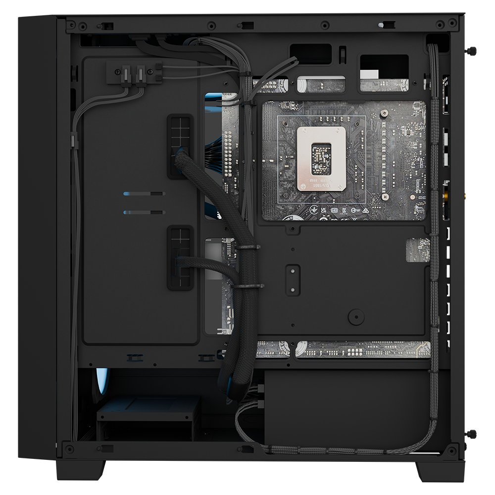 MG-1 Sapphire pre-configured gaming PC by MAINGEAR, black interior with motherboard and braided power cables