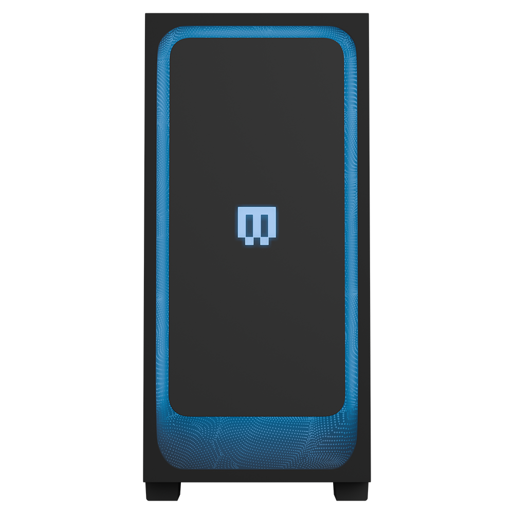 MAINGEAR MG-1 Sapphire gaming PC with blue circuit-pattern border on a black front panel
