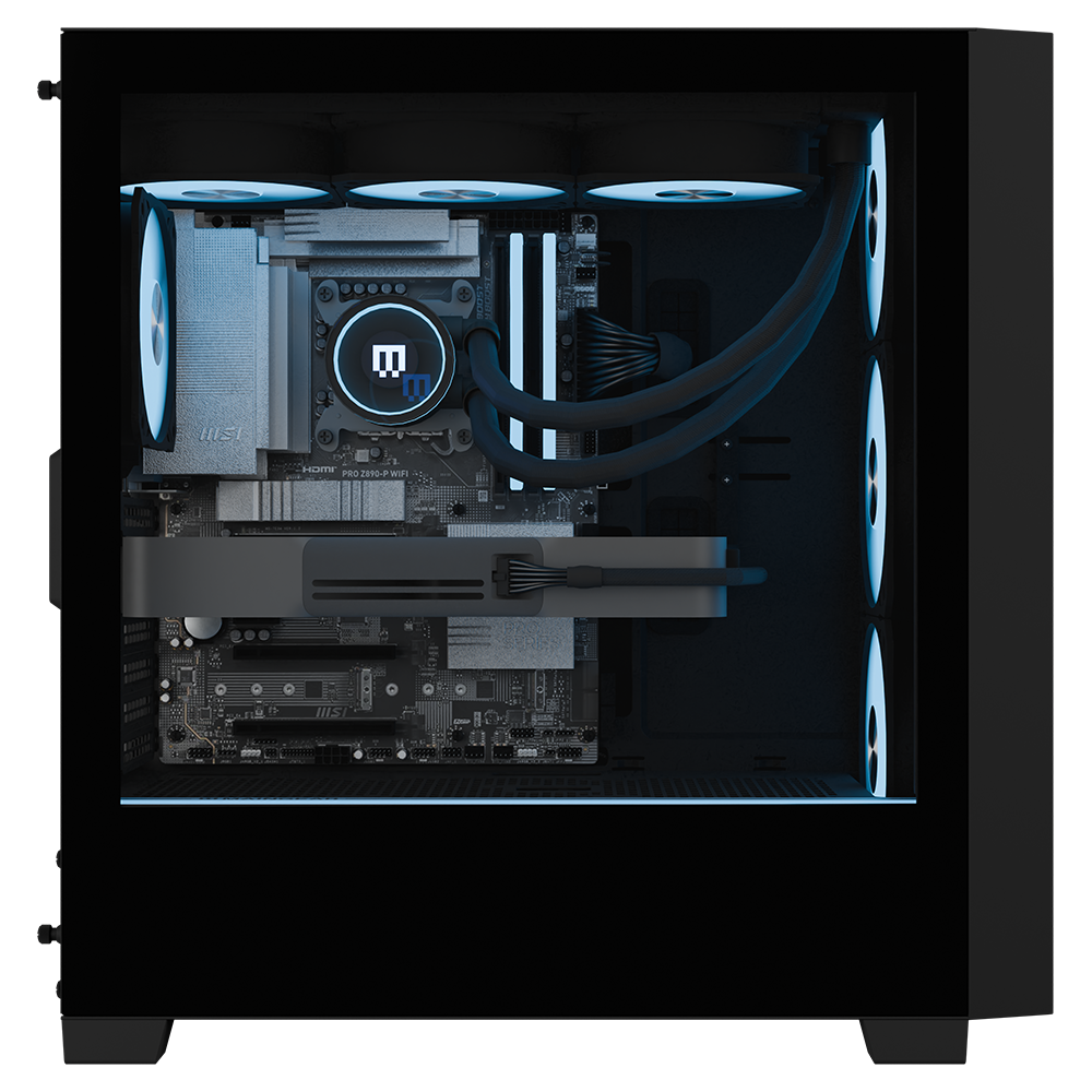 MAINGEAR MG-1 Sapphire pre-configured gaming PC with blue-lit cooling and visible internal components