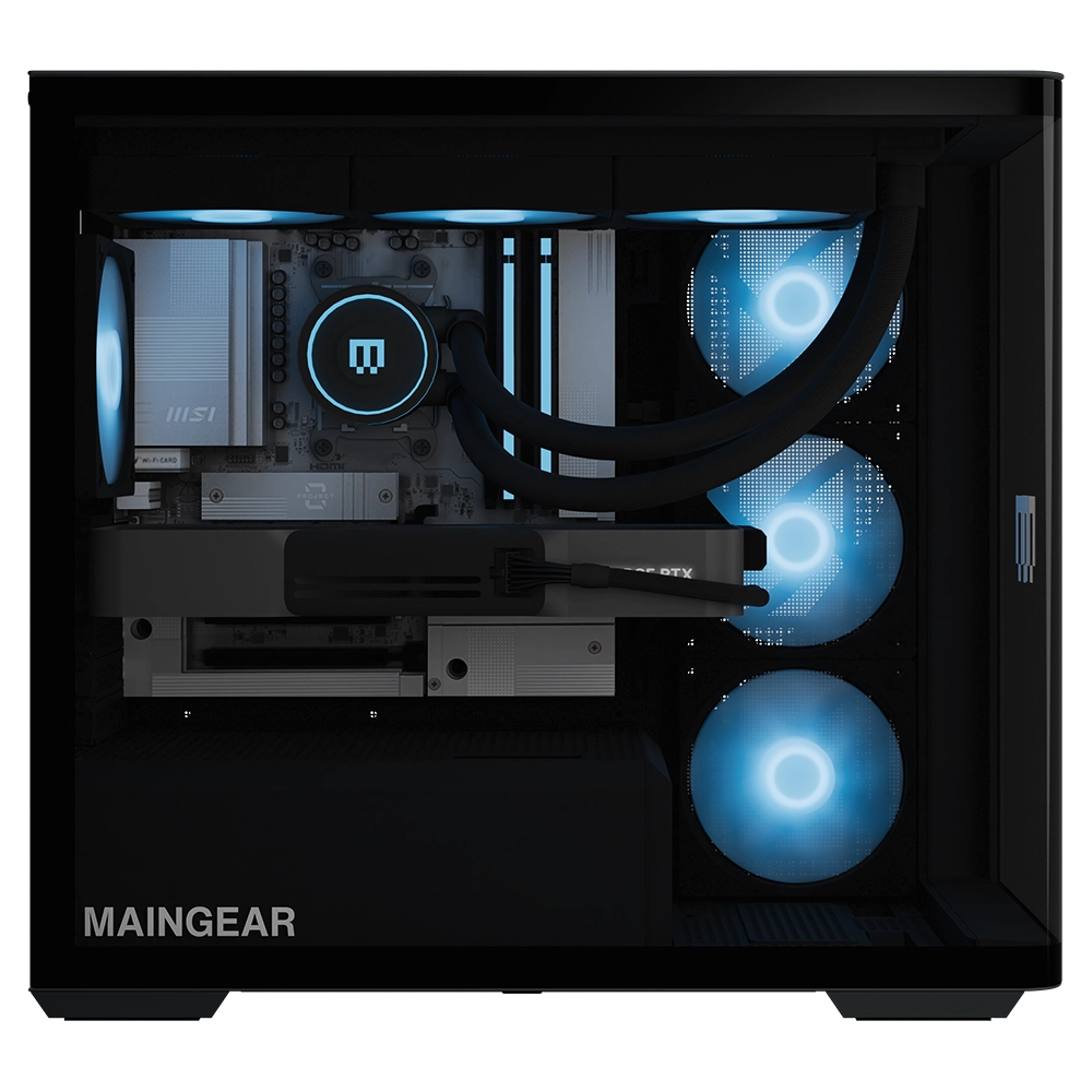MAINGEAR Zero Champion pre-configured gaming desktop with blue LED fans and liquid cooling