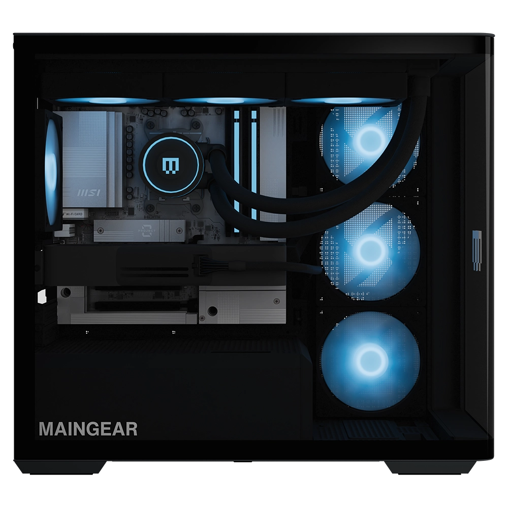 MAINGEAR Zero Platinum gaming desktop with blue LED fans, liquid cooling in glass-sided case