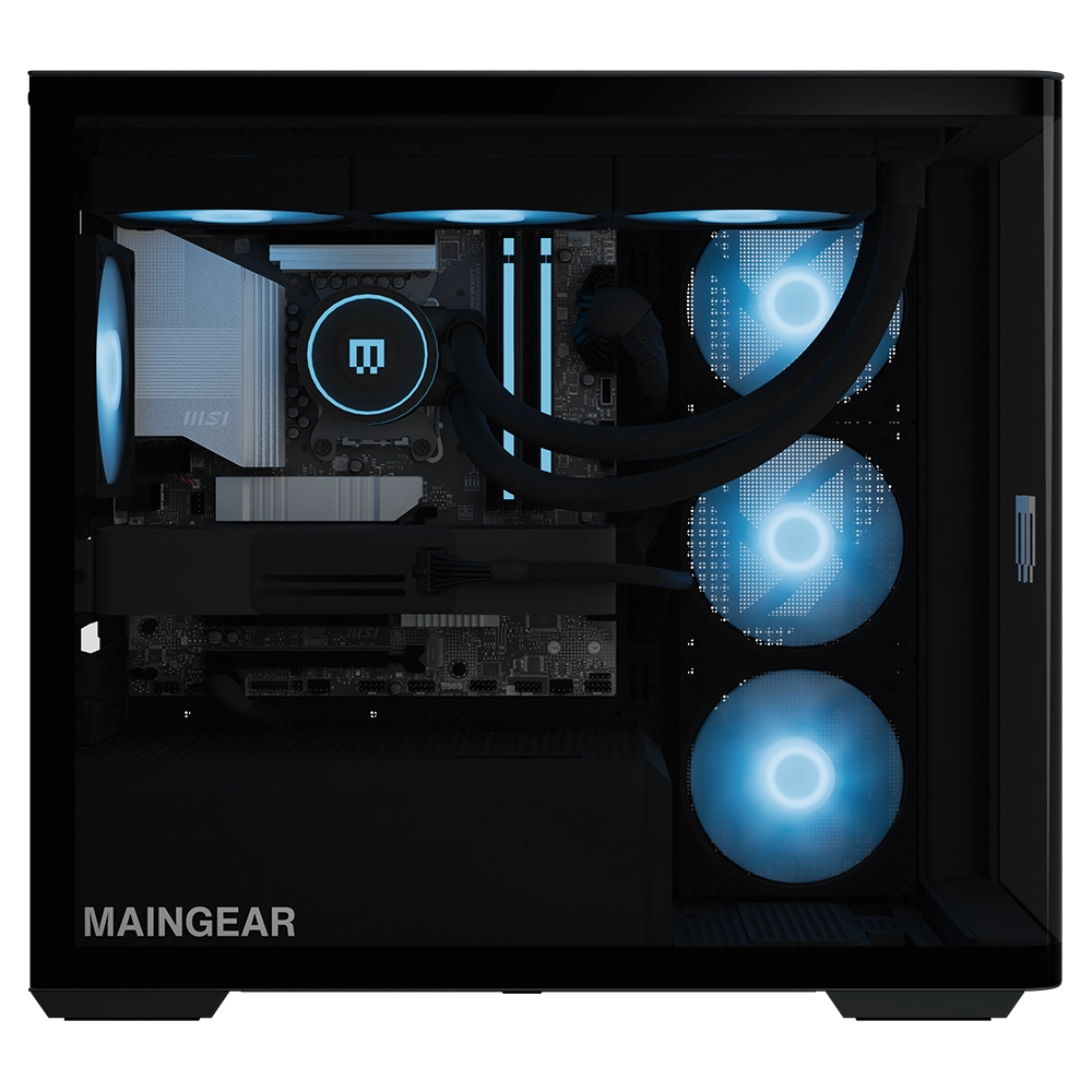 MAINGEAR Zero Emerald pre-configured PC, blue-lit gaming desktop with liquid cooling
