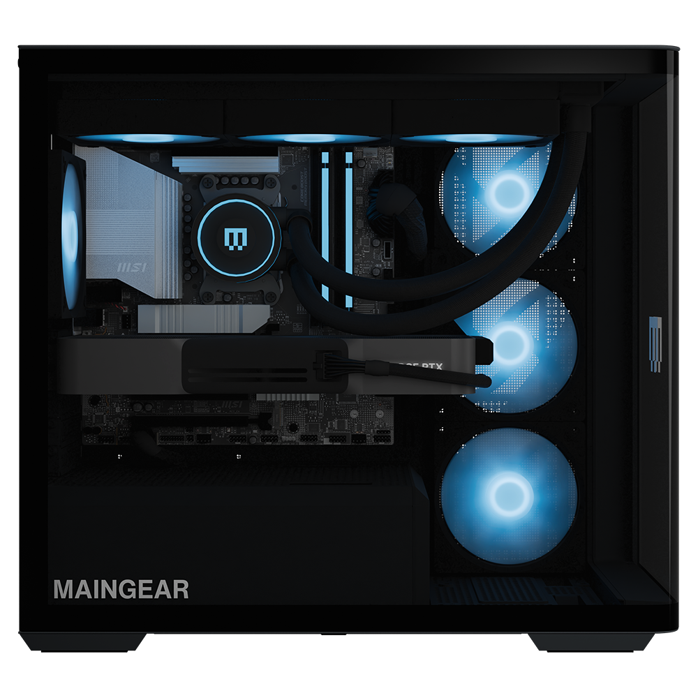 Zero Sapphire MAINGEAR pre-configured gaming desktop with blue LED cooling and liquid cooling loop