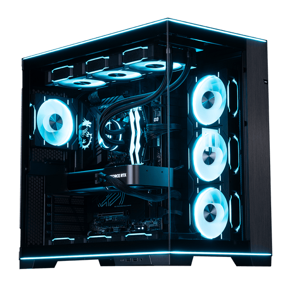 Custom RUSH Intel Edition desktop PC by MAINGEAR with blue LED cooling, glass side panel, and RTX GPU.