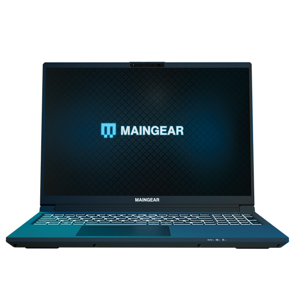 MAINGEAR Super 16 blue pre-configured laptop with branding on the display