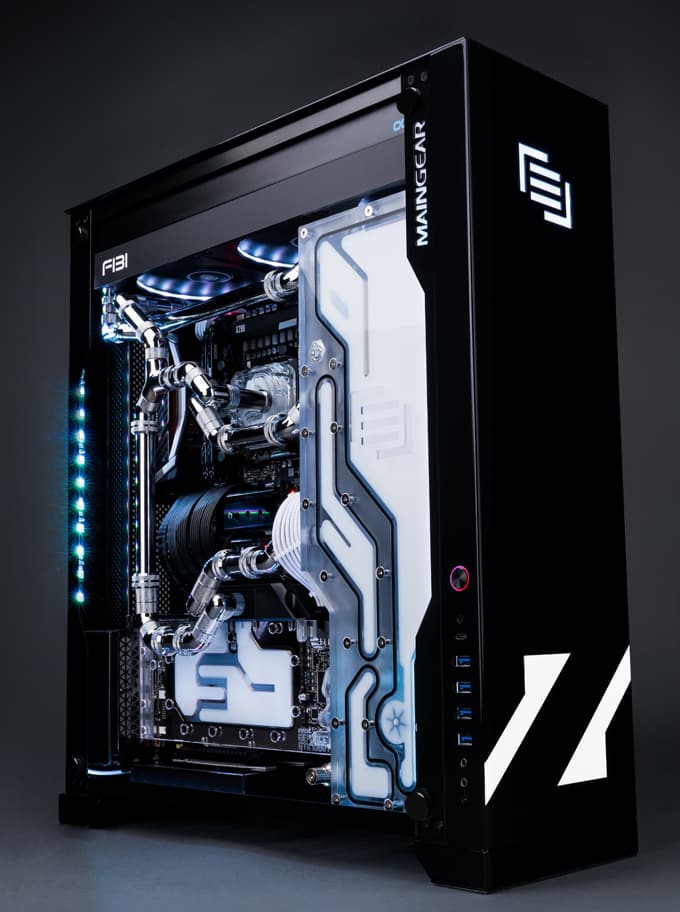 A Maingear F131 in black and white with Zedd's logo on the front.